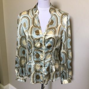 $156 TYLER BOE silk blue tan Dot V-neck blouse 8